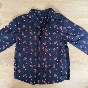 Kids Navy Button Down Shirt with Red Pattern